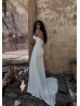 Off Shoulder Ivory Chiffon Slit Minimalist Wedding Dress